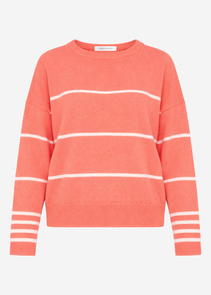 Fine knit sweater with contrasting stripes - coral