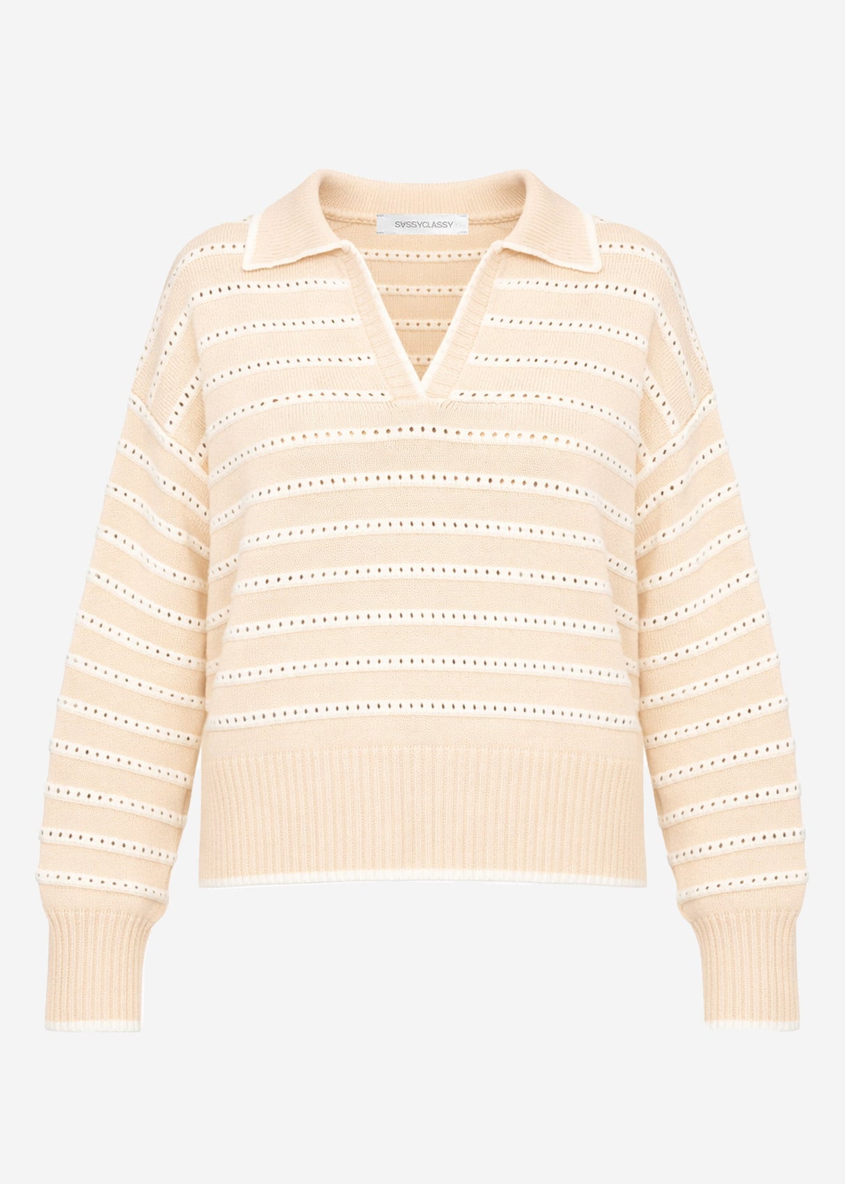 Feinstrickpullover mit Polokragen und Ajourstreifen - beige