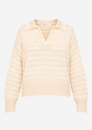 Feinstrickpullover mit Polokragen und Ajourstreifen - beige