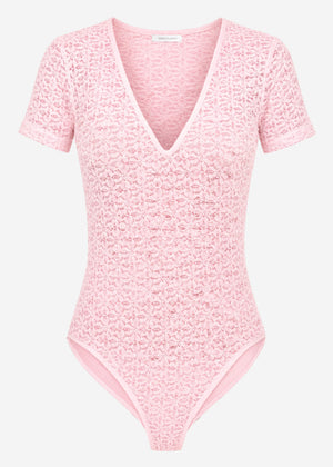 Short-sleeved bodysuit in floral lace - pink