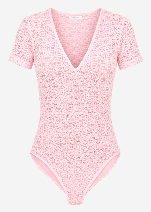 Kurzarm Body aus floraler Spitze - rosa