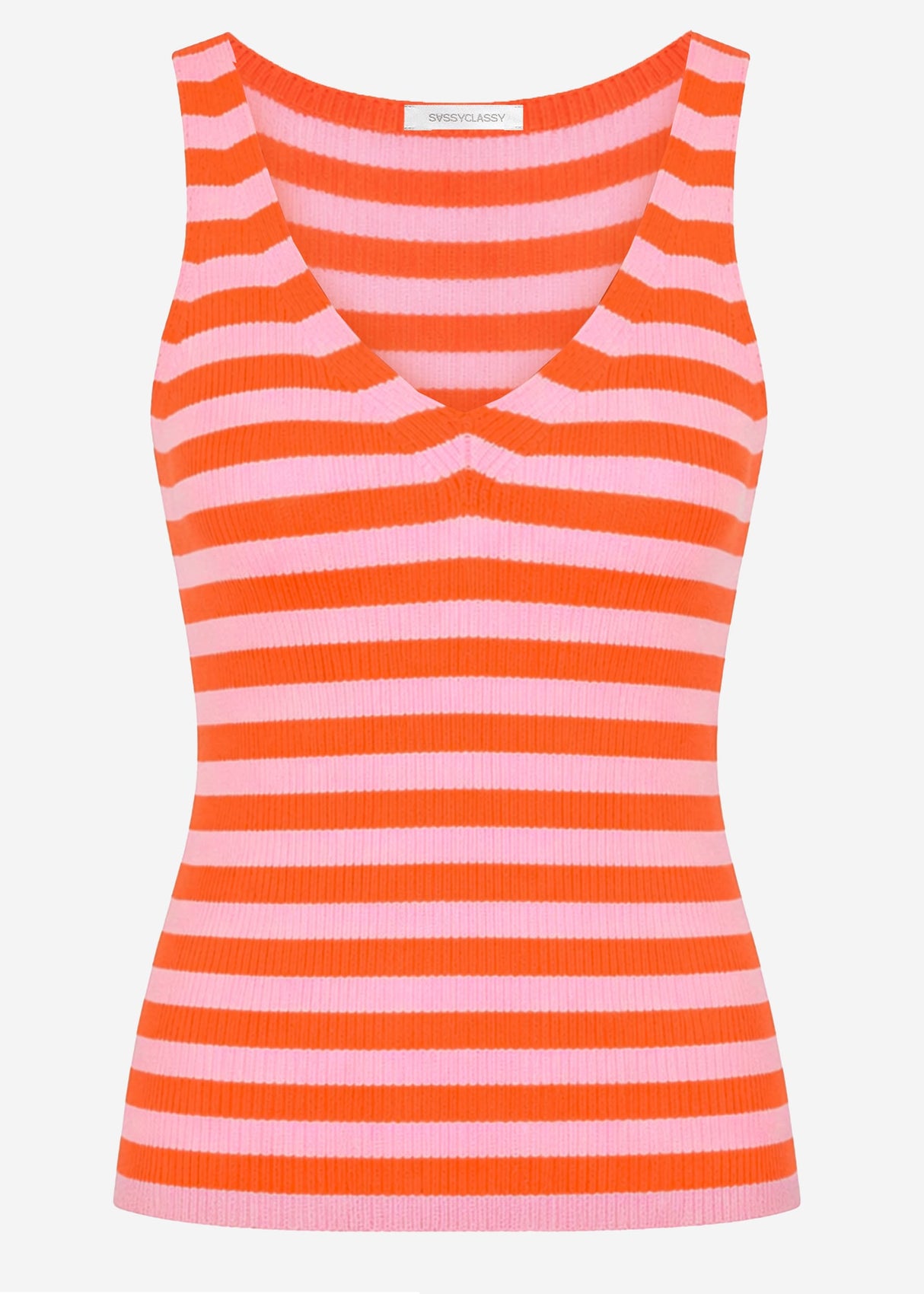 Striped Knit V-Neck Top - Orange-Pink