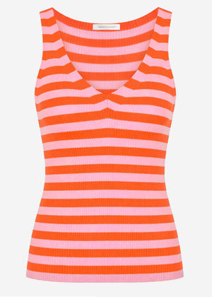 Striped Knit V-Neck Top - Orange-Pink