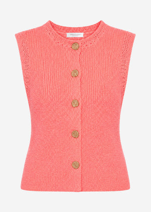 Knit top with shell buttons - coral