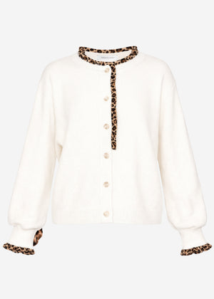 Leo-print cardigan with ruffles - off-white
