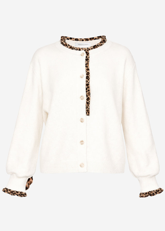 Cardigan with leopard print ruffles - off-white
