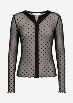 Mesh Langarmshirt mit Punktemuster - schwarz