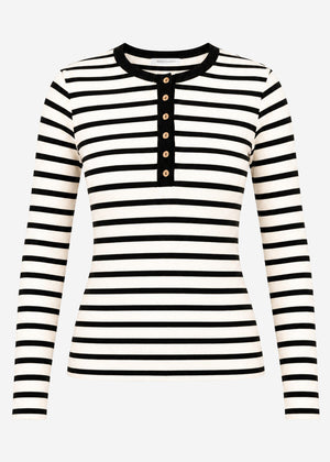 Gestreiftes Langarmshirt mit Knopfleiste - schwarz-weiß