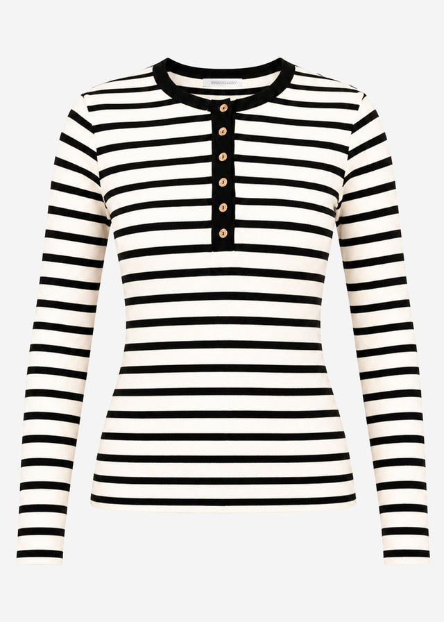 Gestreiftes Langarmshirt mit Knopfleiste - schwarz-weiß