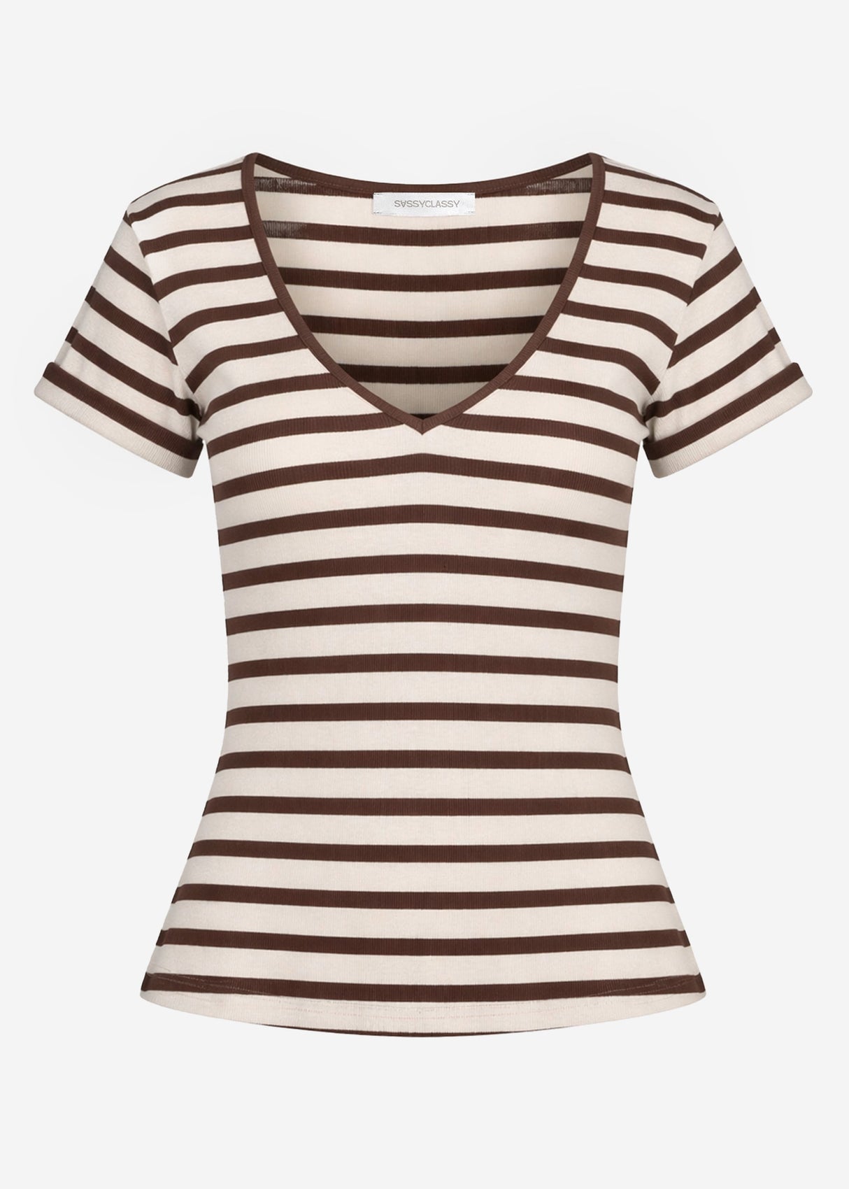 Gestreiftes T-Shirt mit V-Ausschnitt - braun-melange