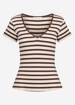 Gestreiftes T-Shirt mit V-Ausschnitt - braun-melange