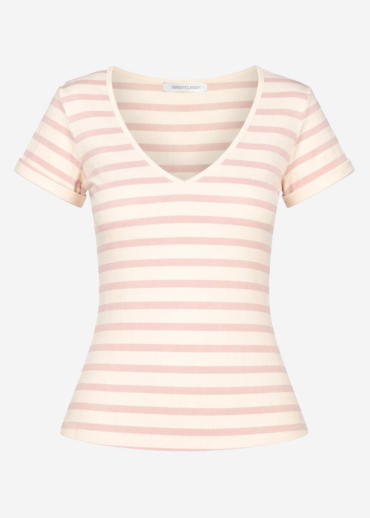 Gestreiftes T-Shirt mit V-Ausschnitt - rosa-offwhite