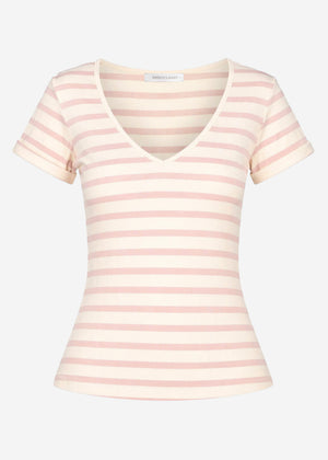 Gestreiftes T-Shirt mit V-Ausschnitt - rosa-offwhite