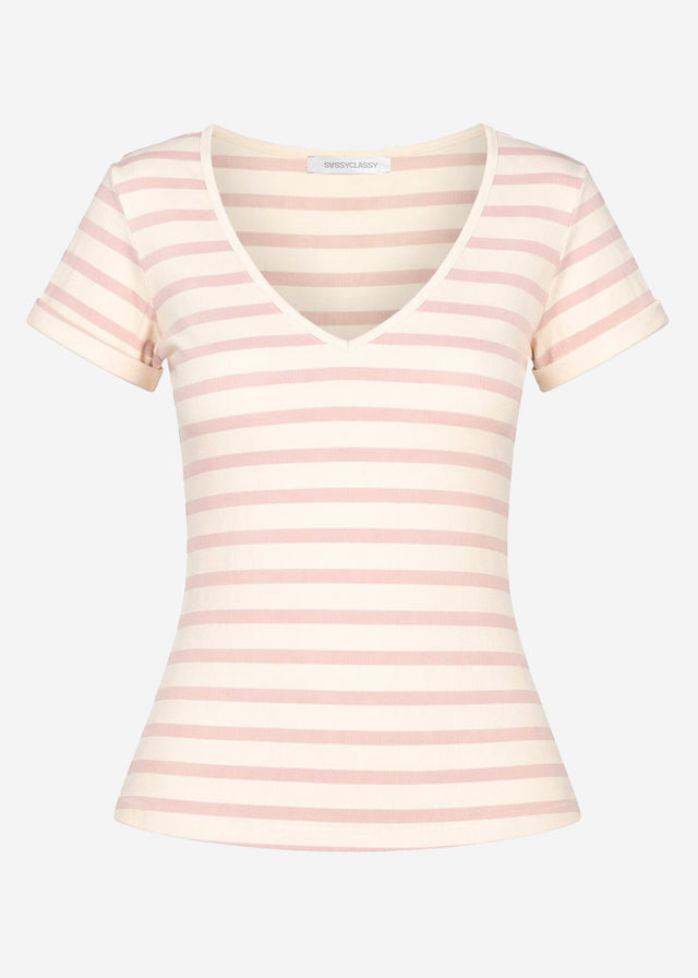 Gestreiftes T-Shirt mit V-Ausschnitt - rosa-offwhite