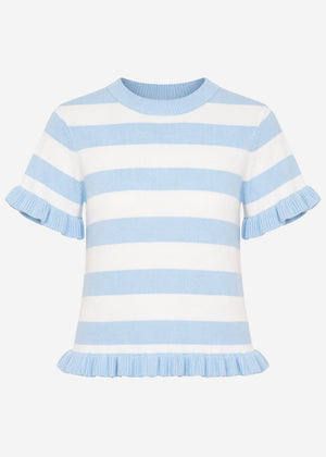 Striped short-sleeved sweater with flounces - blue-off-white