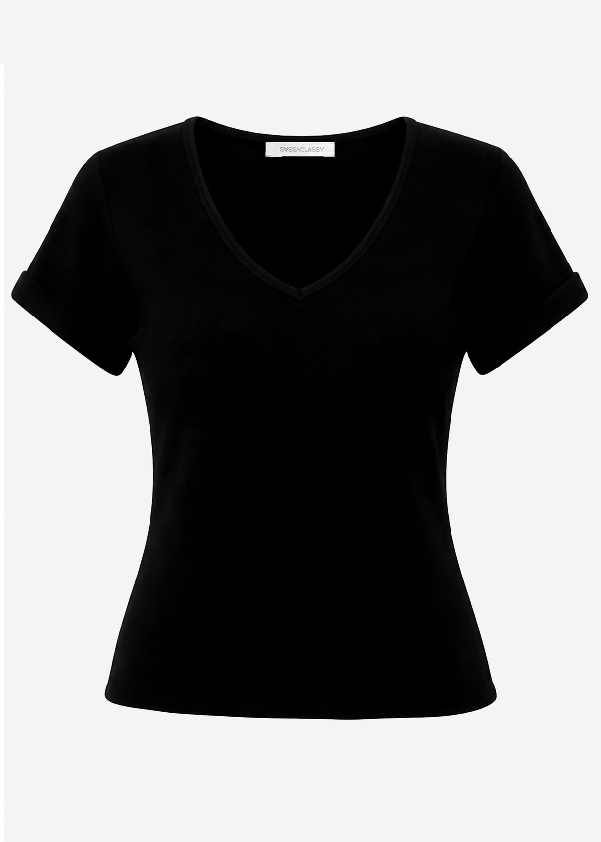 Geripptes T-Shirt mit V-Ausschnitt - schwarz