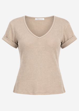 Geripptes T-Shirt mit V-Ausschnitt - taupe