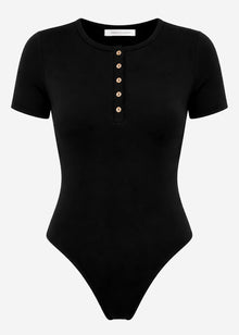 Short-sleeved bodysuit with button placket - black