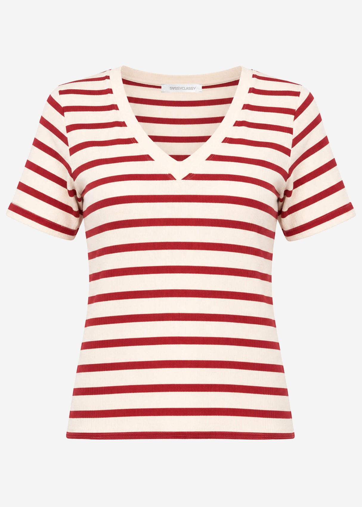 Lässiges Ripp T-Shirt mit V-Ausschnitt - rot-weiß