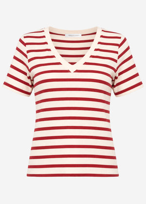 Lässiges Ripp T-Shirt mit V-Ausschnitt - rot-weiß
