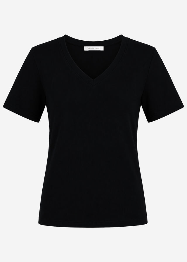 Relaxed ribbed T-shirt with V-neck - black