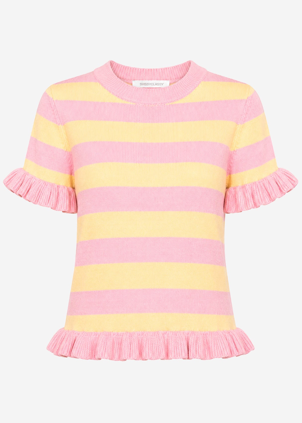 Gestreifter Kurzarm-Pullover mit Volants - rosa-buttergelb