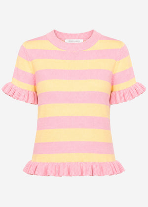 Gestreifter Kurzarm-Pullover mit Volants - rosa-buttergelb