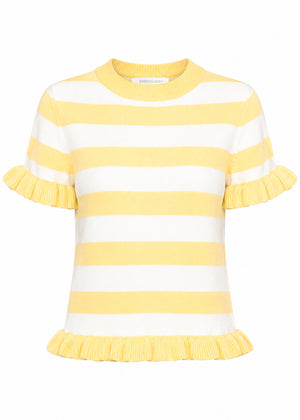 Gestreifter Kurzarm-Pullover mit Volants - offwhite-buttergelb
