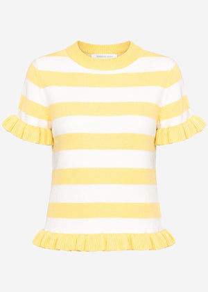Gestreifter Kurzarm-Pullover mit Volants - offwhite-buttergelb