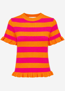 Striped short-sleeved jumper with flounces - orange-pink