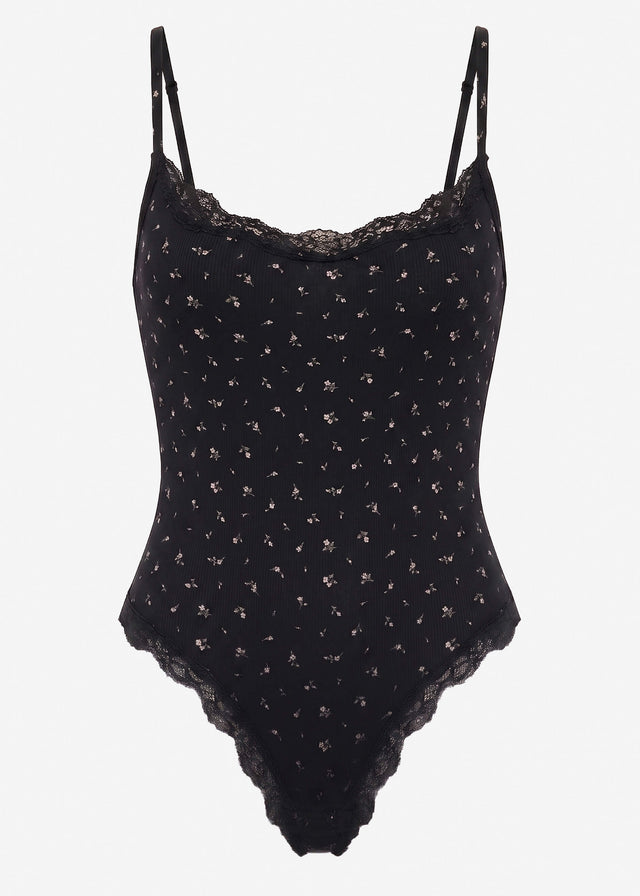 Bodysuit Soft Shapewear mit String und Blumen-Print - schwarz