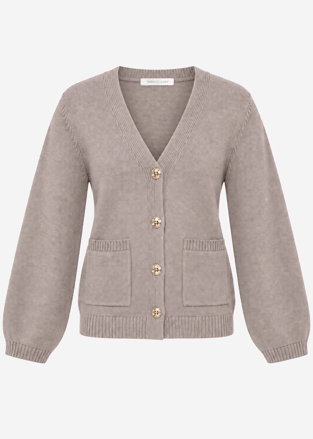Strickjacke mit V-Ausschnitt und Goldknöpfen - taupe