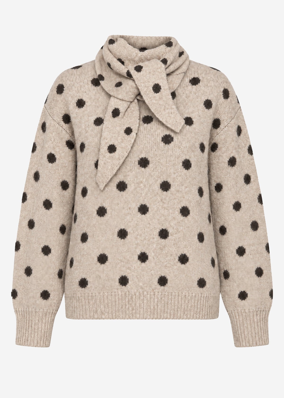 Gepunkteter Pullover mit Schal - beige