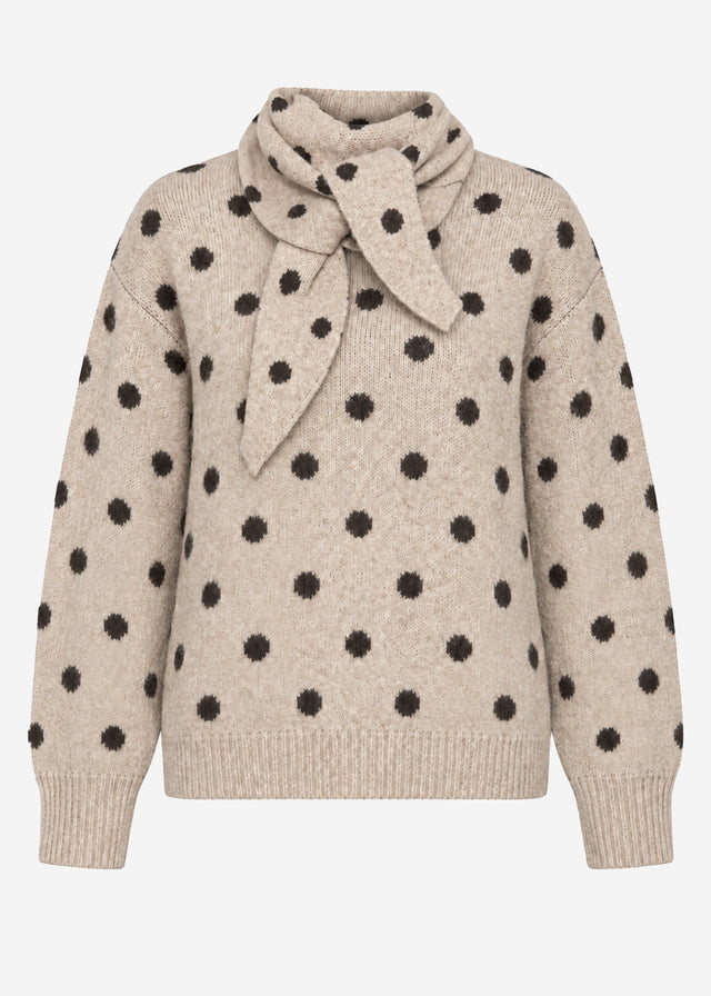 Gepunkteter Pullover mit Schal - beige