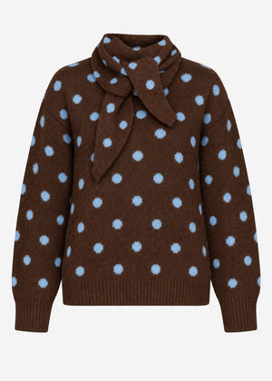 Gepunkteter Pullover mit Schal - braun
