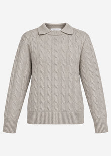 Strickpullover mit Zopfmuster und Kragen  - taupe