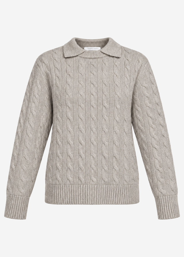 Strickpullover mit Zopfmuster und Kragen  - taupe