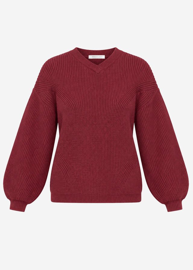 Rippstrickpullover mit hohem V-Ausschnitt - burgundy