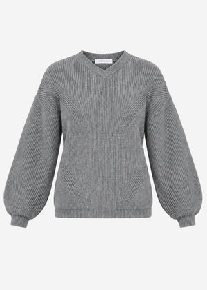 Rippstrickpullover mit hohem V-Ausschnitt - grau