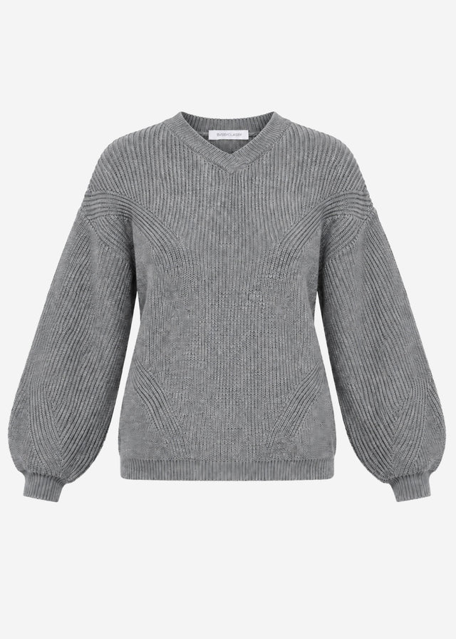 Rippstrickpullover mit hohem V-Ausschnitt - grau