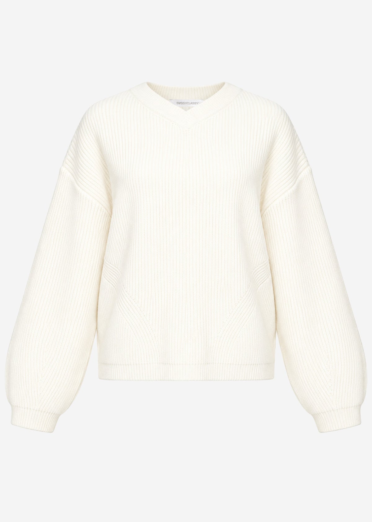 Rippstrickpullover mit hohem V-Ausschnitt - offwhite