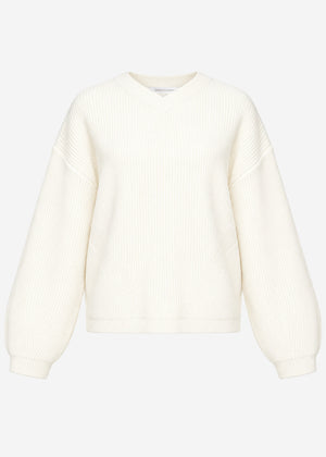 Rippstrickpullover mit hohem V-Ausschnitt - offwhite