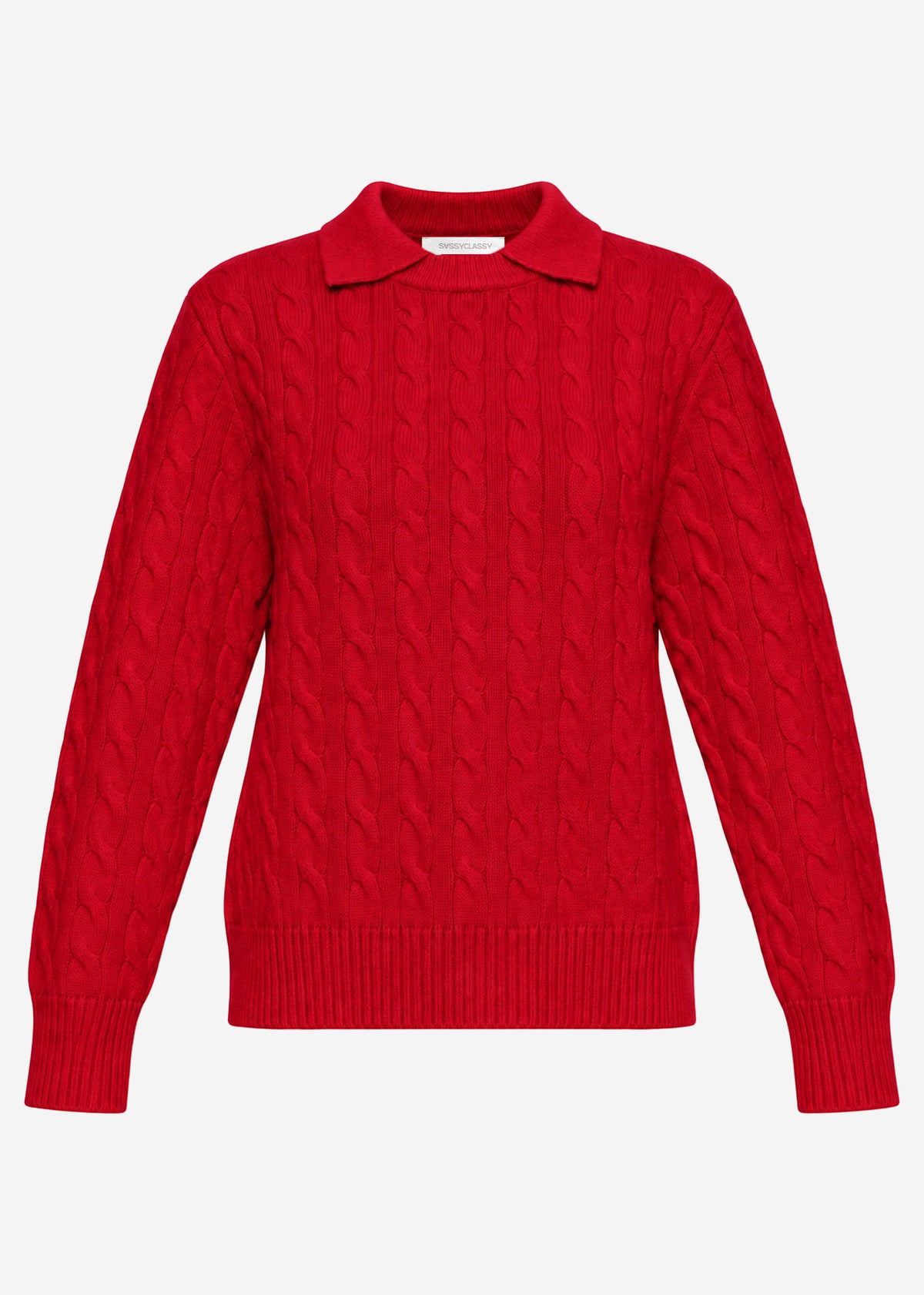 Knit jumper with cable pattern and collar - red