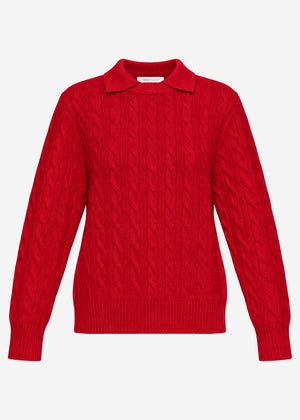 Knit jumper with cable pattern and collar - red