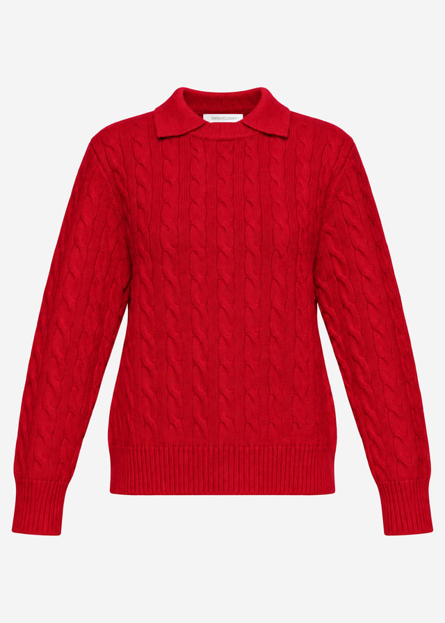 Strickpullover mit Zopfmuster und Kragen - rot