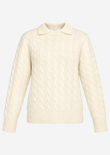 Strickpullover mit Zopfmuster und Kragen - offwhite