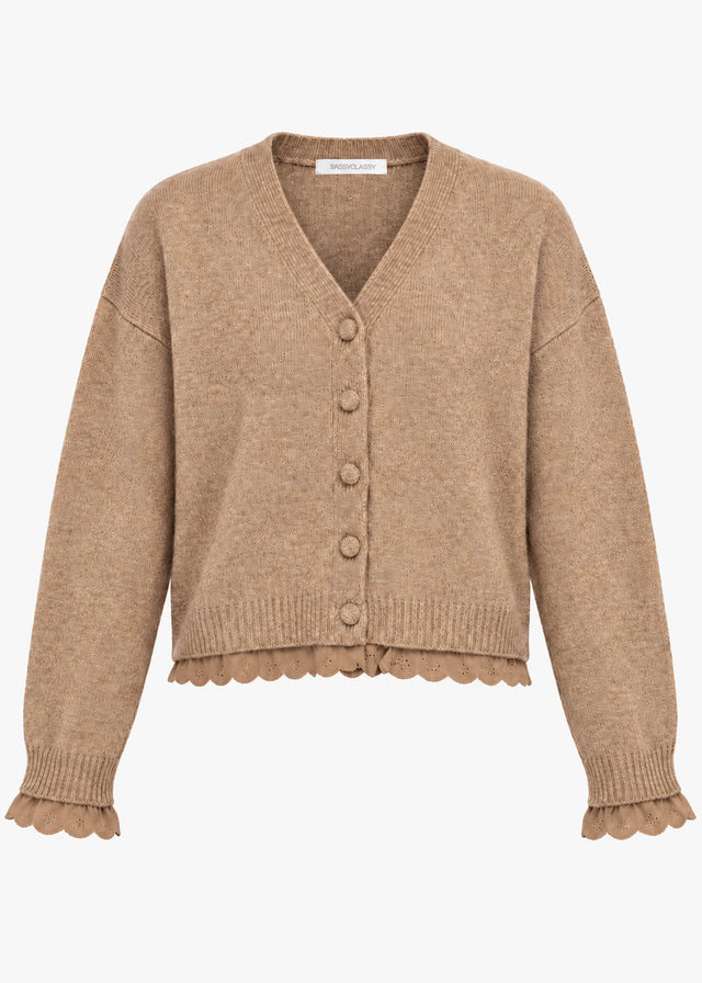 Strickjacke mit Lochstickerei - braun