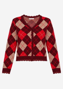 Cardigan with diamond pattern and lace trim - berry