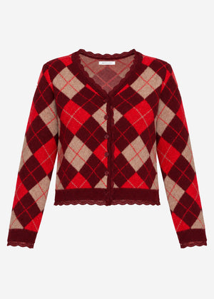 Cardigan with diamond pattern and lace trim - berry