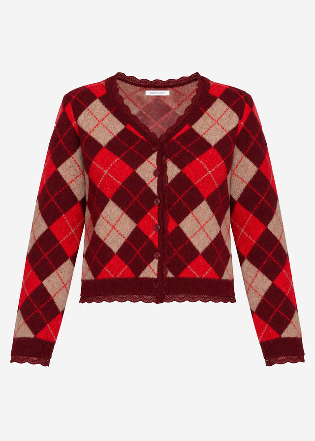 Cardigan with diamond pattern and lace trim - berry